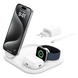 BoostCharge Caricabatteria Magnetico Pieghevole 3 in 1 con Qi2 da 15W Caricatore Rapido MagSafe per Apple iPhone 15 Apple Watch ed AirPods Bianco