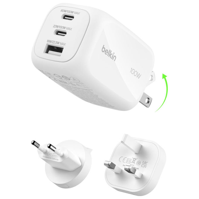 Belkin WCH016HQWH Caricabatteria da muro GaN 100W 2 USB-C 1 USB-A Ricarica Rapida per MacBook iPhone Samsung Bianco