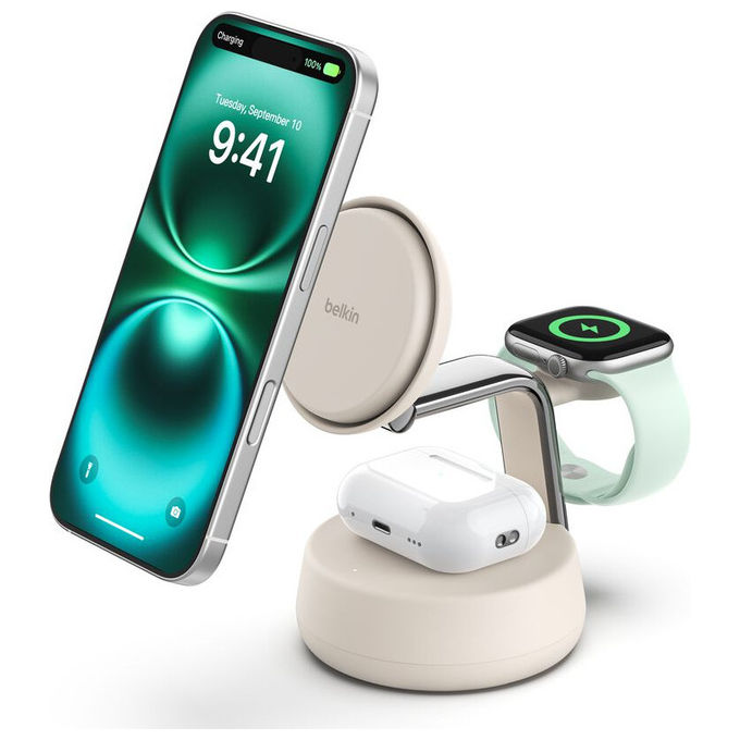 Belkin dock di ricarica magnetica 3 in 1 Qi2 25W, UltraCharge Pro, iPhone Apple Watch AirPods, ChillBoost, sabbia
