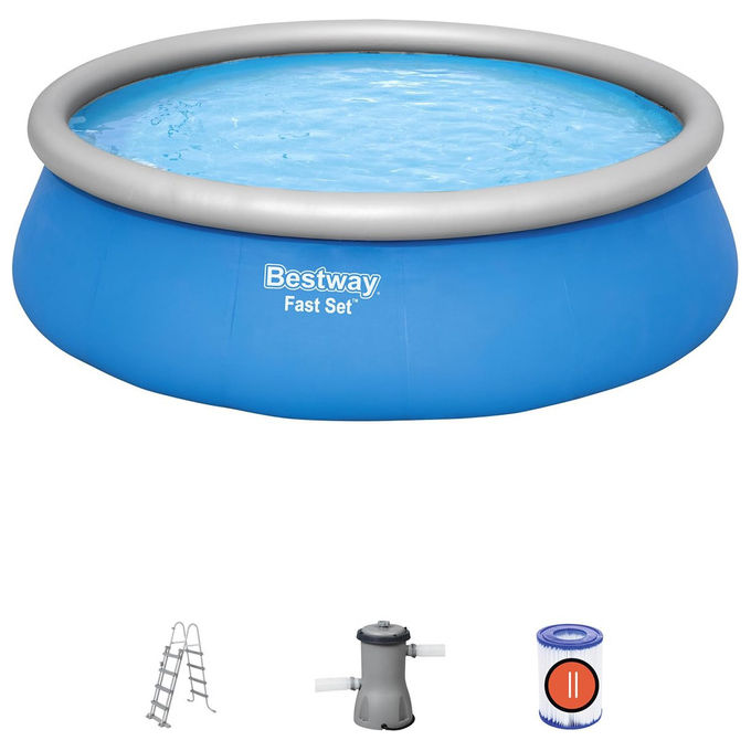 Bestway 57289 Fast Set Piscina Fuori Terra Rotonda Gonfiabile 457x122 cm 13807 L Pompa Filtro a Cartuccia e Scaletta Incluse