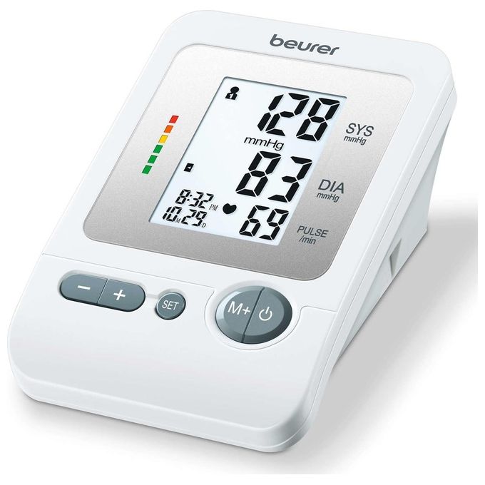 Beurer BM 26 - Misuratore di pressione da braccio, metodo oscillometrico, rilevamento aritmie, 4 profili utente con 30 memorie ciascuno, display LCD ben leggibile, indicatore di rischio OMS, bracciale per circonferenze da 22 a 35 cm, alimentazione a batte