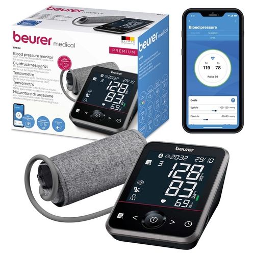 BM 64 - Misuratore di pressione da braccio, oscillometrico, display digitale XL con retroilluminazione, 2 × 120 memorie, rilevazione aritmie (inclusa fibrillazione atriale), indicatore a riposo, misurazione tripla automatica, connessione Bluetooth 