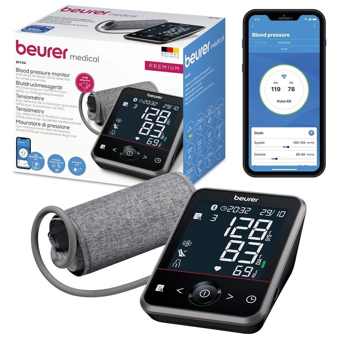Image of Beurer BM 64 - Misuratore di pressione da braccio, metodo oscillometrico, rilevamento avanzato della fibrillazione atriale (AFib), tripla misurazione automatica, connessione Bluetooth all'app Beurer HealthManager Pro, display XL retroilluminato, memoria