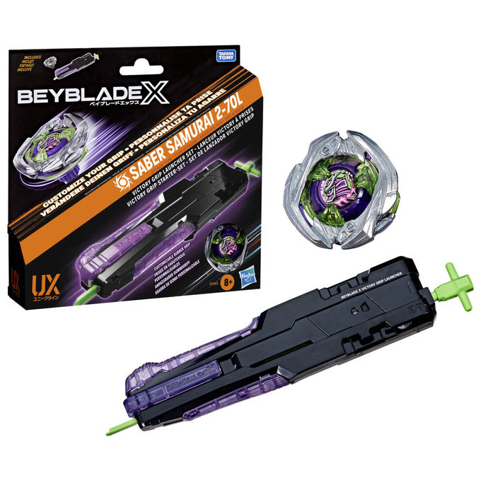 Beyblade Set Lanciatore Deluxe X Trottola Saber Samurai Rotazione Destra