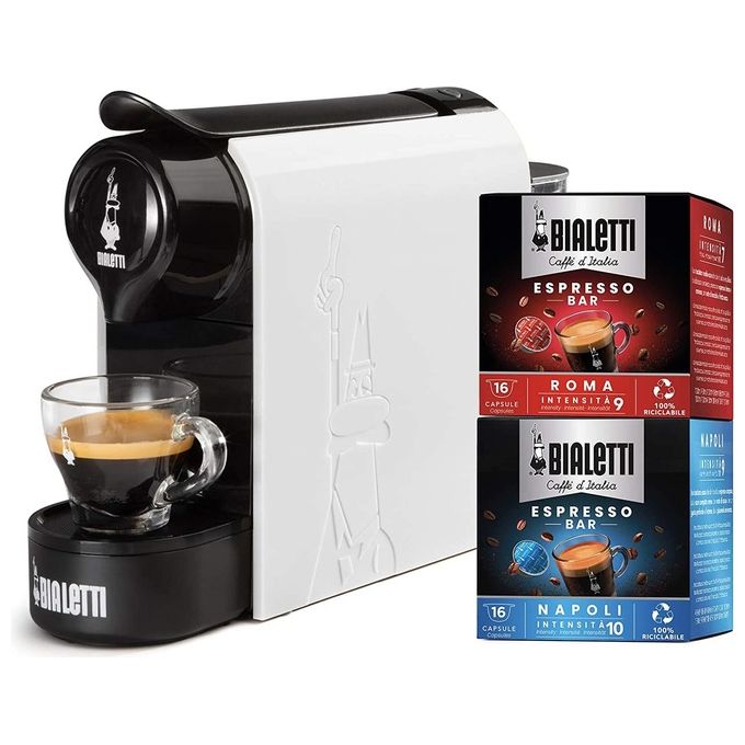 Bialetti Gioia Macchina Caffe' Espresso per Capsule in Alluminio Incluse 32 Capsule Supercompatta Serbatoio 500ml Bianco
