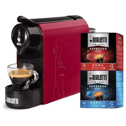 Bialetti Gioia Macchina Caffe' Espresso per Capsule in Alluminio Incluse 32 Capsule Supercompatta Serbatoio 500ml  Rosso