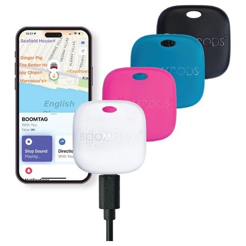 TAGRE4 Boomtag Localizzatore Bluetooth Ricaricabile USB-C 6 Mesi Autonomia IPX7 Colore Nero Blu Rosa Bianco