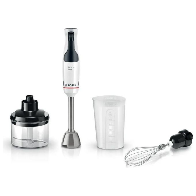 Frullatore ad immersione BOSCH MSM4W221, 600 W, Impugnatura Ergonomica, Regolazione Dinamica della Velocità, 4 Lame in Acciaio Inox, Tritatutto e Frusta, Bicchiere Graduato, Bianco