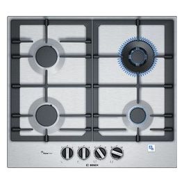 Bosch PCH6A5B96 Serie 6 Piano Cottura a Gas 4 Fuochi Griglie in Ghisa FlameSelect 1 Bruciatore Wok 60 cm Acciaio Inox