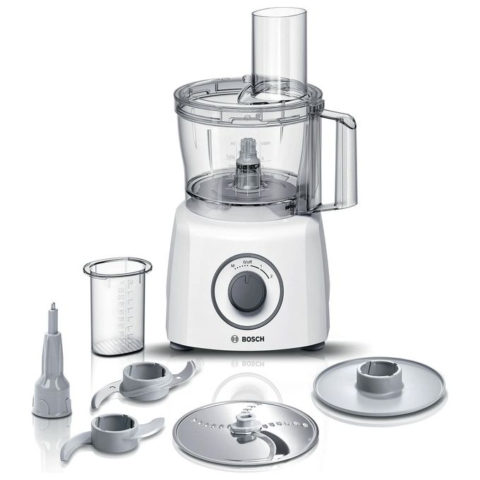 Robot da cucina BOSCH MCM3100W, Multifunzione Compatto, Oltre 20 Funzioni, 800 W, 2 Velocità, Ciotola 2, 3 l, Tanti Accessori Inclusi per Affettare, Tagliare, Grattugiare, Impastare e Montare, Bianco
