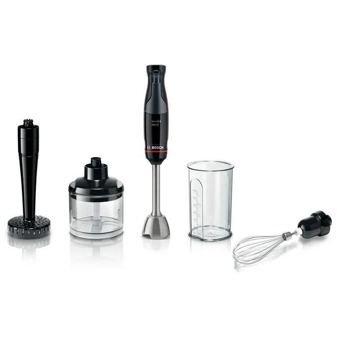 Frullatore ad immersione BOSCH MSM4B621, 1000 W, Impugnatura Ergonomica, Regolazione Dinamica della Velocità, 4 Lame in Acciaio Inox, Tritatutto, Frusta e Sciacciapatate, Bicchiere Graduato, Nero