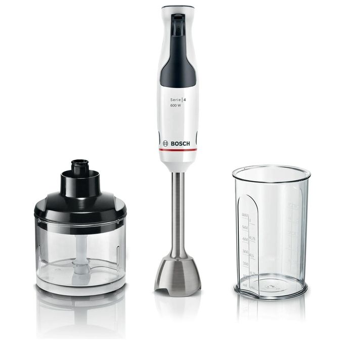 Frullatore ad immersione BOSCH MSM4W220, 600 W, Impugnatura Ergonomica, Regolazione Dinamica della Velocità, 4 Lame in Acciaio Inox, Tritatutto, Bicchiere Graduato, Bianco