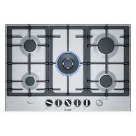 Bosch PCQ7A5M90 Serie 6 Piano Cottura a Gas 5 Fuochi Griglie in Ghisa FlameSelect 1 Bruciatore Wok 75 cm Acciaio Inox