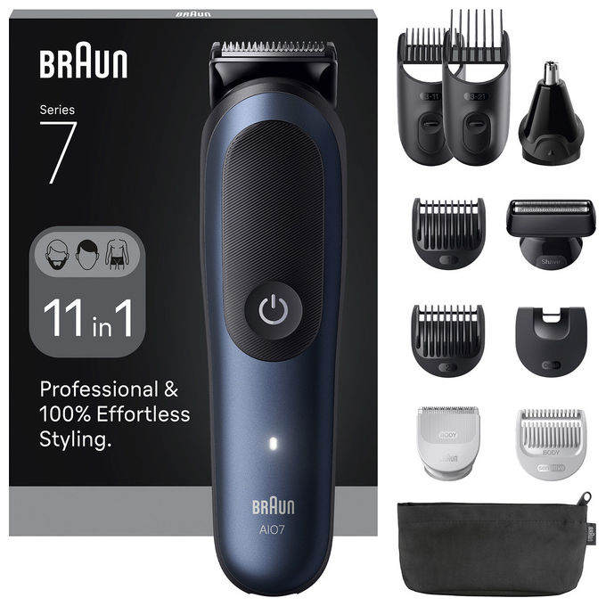Braun AIO7540 Regolabarba e Tagliacapelli 11in1 Nero-Blu Impermeabile Ioni di Litio