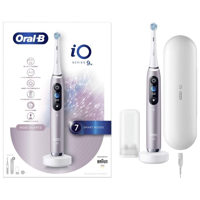 Braun Oral-B iO 9n Spazzolino Elettrico Ricaricabile Rosa Esclusivo con Tecnologia Magnetica Rivoluzionaria Display a Colori 1 Testina 1 Custodia da Viaggio con Caricatore