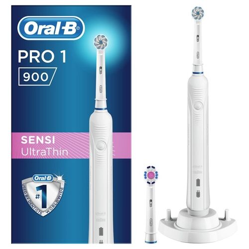 Braun Oral-B Pro 900 Spazzolino Elettrico con Timer Sensi Ultrathin e 3D White Testine di Ricambio Bianco
