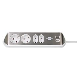Ciabatta Angolare a 4 Prese con Superficie in Acciaio Inox Argento/Bianco