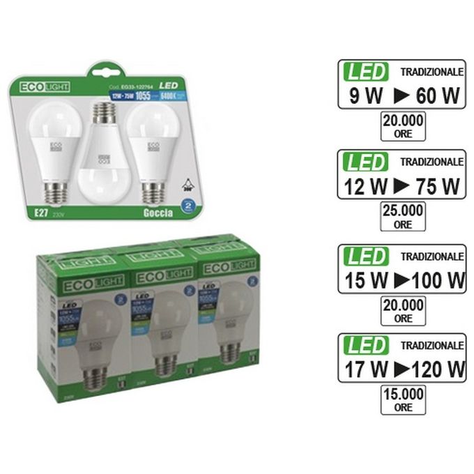 Brixo Set 3 Lampadine Ecolight Led E27 Goccia 17W