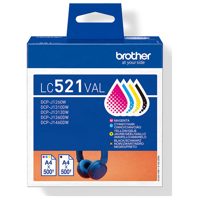 Brother Cartuccia LC521VAL Originale, 4 Pezzi, Nero, Ciano, Magenta, Giallo