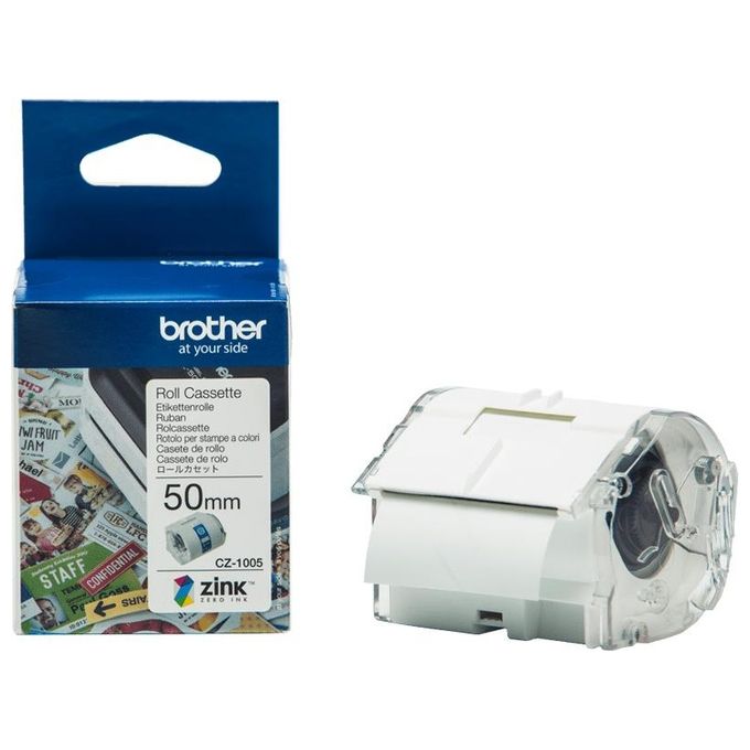 Brother CZ1005 Rotolo Nastro Adesivo per Stampante VC500W 50mm 5m Zero-Ink colore Bianco su Verde