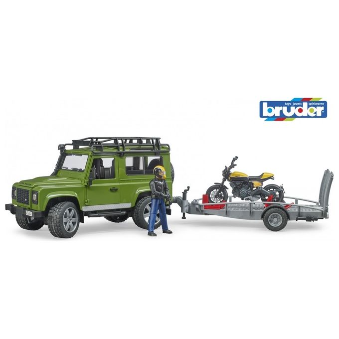 Bruder Land Rover Defender con Rimorchio e Scrambler Ducati Completo Valvola Farfalla