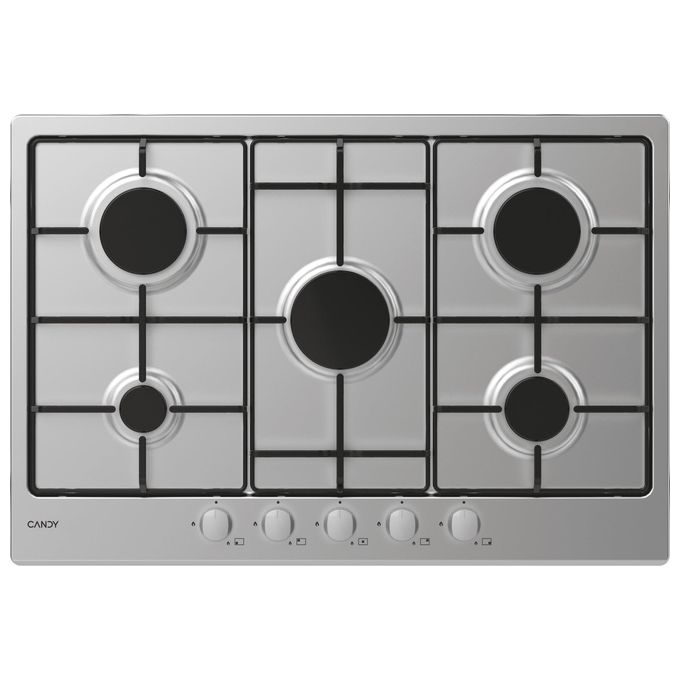 Candy CHW7X – Piano cottura Gas, 75 cm, 5 zone-fuochi, griglie lavabili in lavastoviglie + bruciatore doppia corona ad alta potenza, Inox.