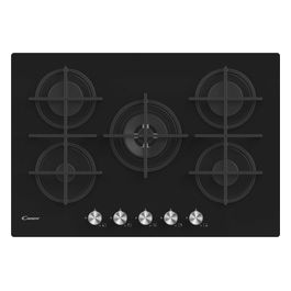 CVG74WPB New Timeless GOG Piano Cottura Gas su vetro 5 zone Manopole New Timeless Bruciatore speciale al centro DC Griglie in ghisa 4 livelli di potenza 75 cm Nero  