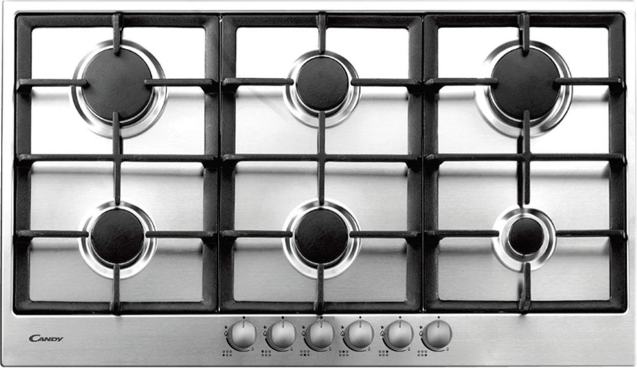 Candy PG960-1SXGH Piano cottura a gas 90 cm 6 fuochi Griglie in Ghisa Accensione Automatica colore Acciaio Inox