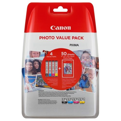 Canon CLI-571 C/M/Y/BK Photo Value Pack Cartucce d'Inchiostro Nero/Ciano/Magenta/Giallo con 50 Fogli 10x15cm