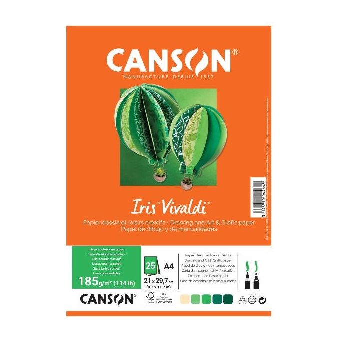 Canson Confezione da 25 Fogli Iris Vivaldia4 240 G/m² Colori Assortiti Crema/Verde/Marrone