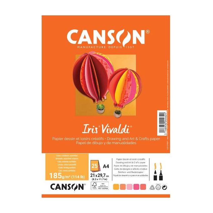 Canson Iris Vivaldia4 Confezione da 25 Fogli fa 240 G/m² Colori Assortiti Giallo/Rosa/Rosso