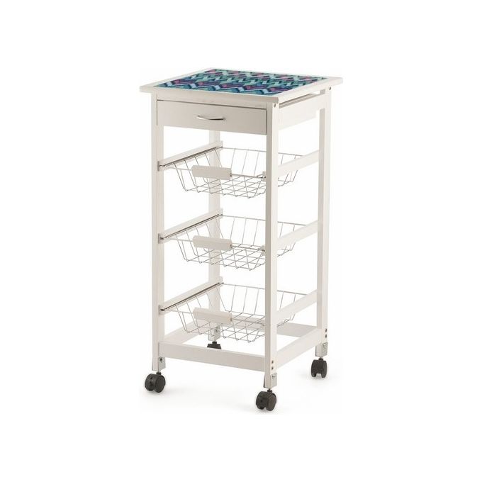 Galileo Carrello Cucina Legno Bianco Piano Vetro Decoro Mattone Zig Zag Blu