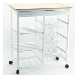 Carrello da cucina Regina con 3 ceste e 2 ripiani 67x37x76 in mdf naturale bianco