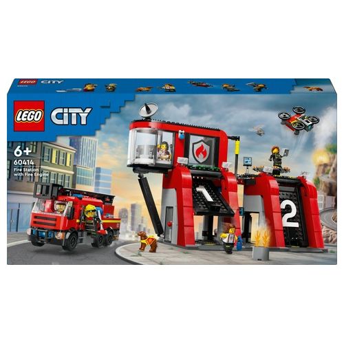 LEGO City 60414 Caserma dei Pompieri e Autopompa con Camion Giocattolo, 6 Minifigure, Cane e Accessori, Gioco per Bambini 6+