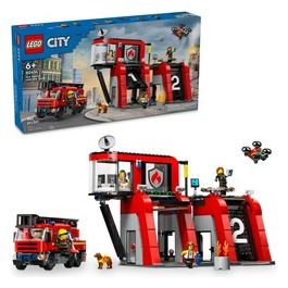 City 60414 Caserma dei Pompieri e Autopompa con Camion Giocattolo, 6 Minifigure, Cane e Accessori, Gioco per Bambini 6+