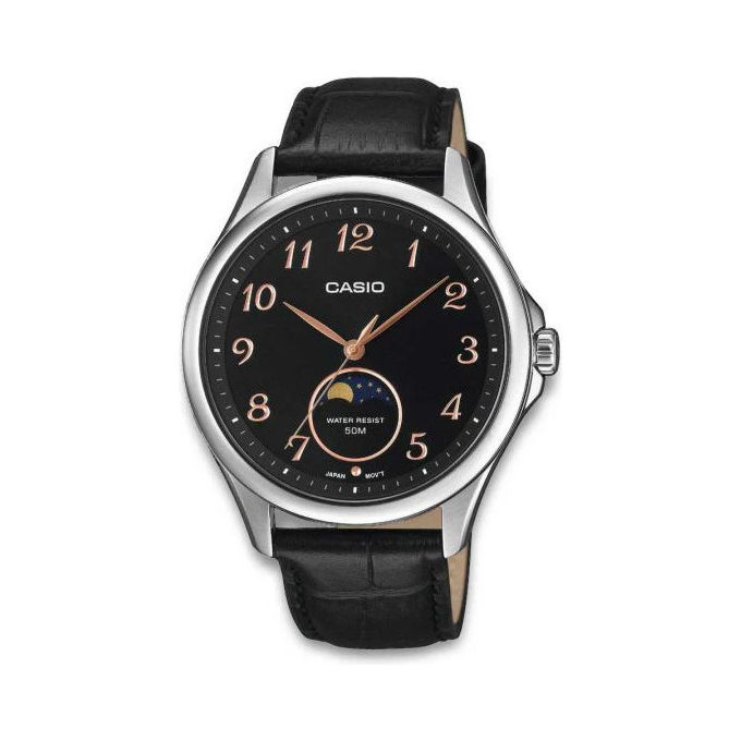 Casio Orologio Uomo Fasi Lunari Cinturino Pelle Nero Acciaio Inossidabile