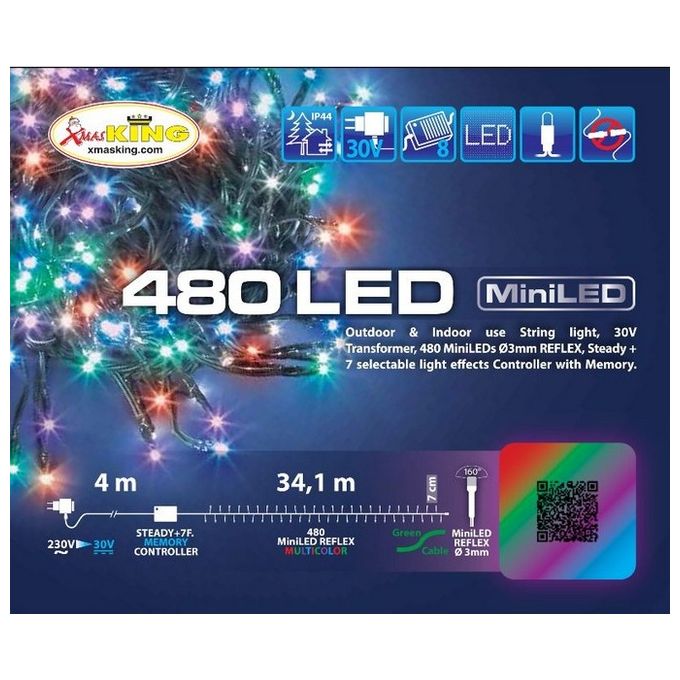 Catena 34,1 m, 480 miniled multicolor plus, (colori rosso, porpora, verde, blu), cavo verde, con controller 8 giochi catena natalizia, luci colorate, decorazione luminosa
