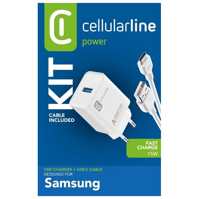 Cellular Line Caricabatterie Usb 15W con Cavo Usb Type-C 1mt Bianco
