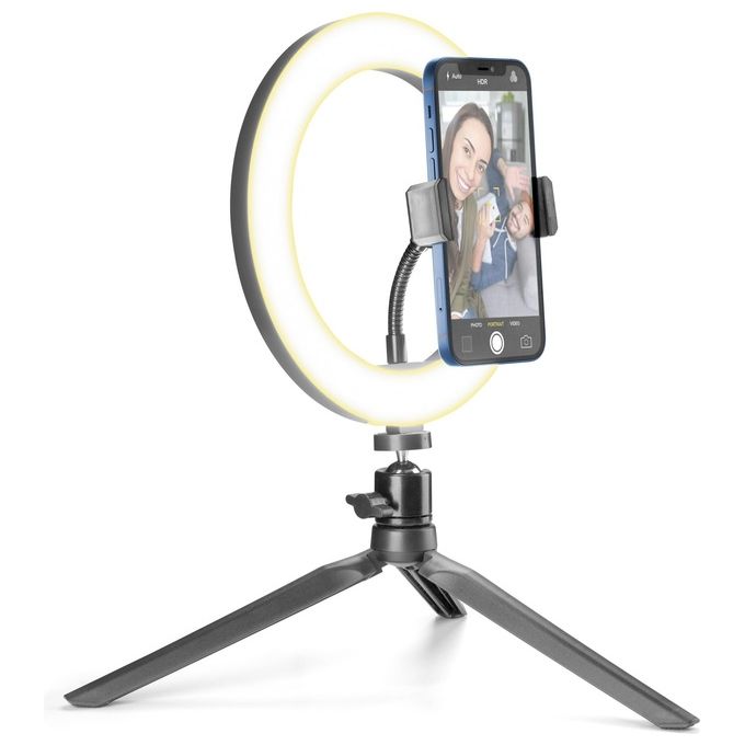 Cellularline Selfie Ring Anello Luminoso LED con Treppiede per Smartphone 3 Modalita' Illuminazione colore Nero