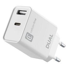 Cellular Line Dual Charger Caricabatterie da rete con 2 porte USB e USB-C per la carica simultanea di due dispositivi 20W