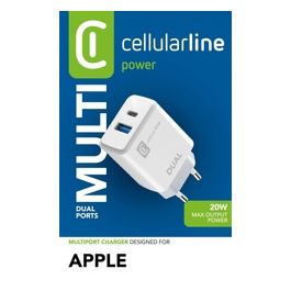 Cellular Line Dual Charger Caricabatterie da rete con 2 porte USB e USB-C per la carica simultanea di due dispositivi 20W