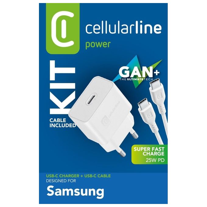 Cellular Line Caricabatterie da rete Super Fast Charge PD 25W con cavo USB-C to USB-C Bianco