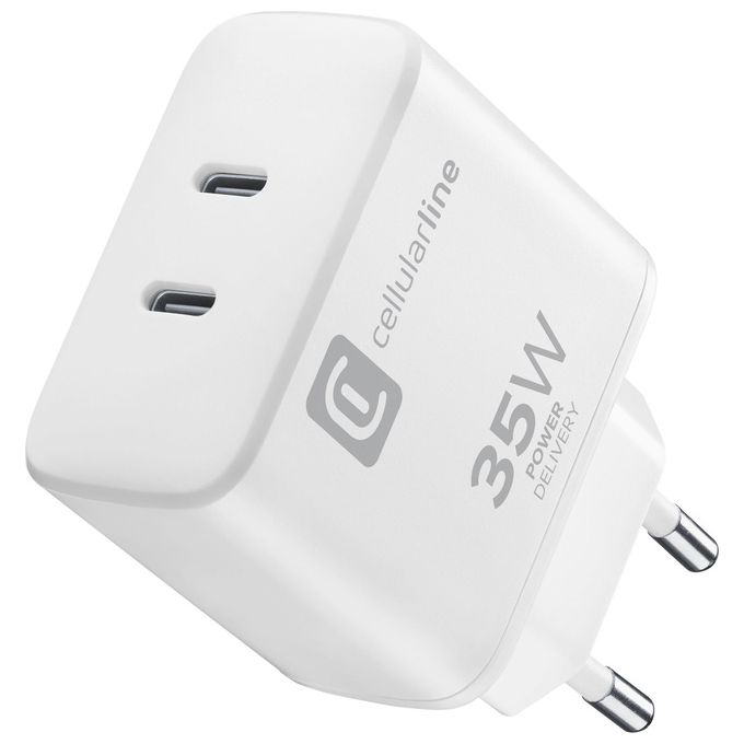 Cellular Line Dual Charger 35W Caricabatterie da Rete con Doppia Porta Usb-C Bianco