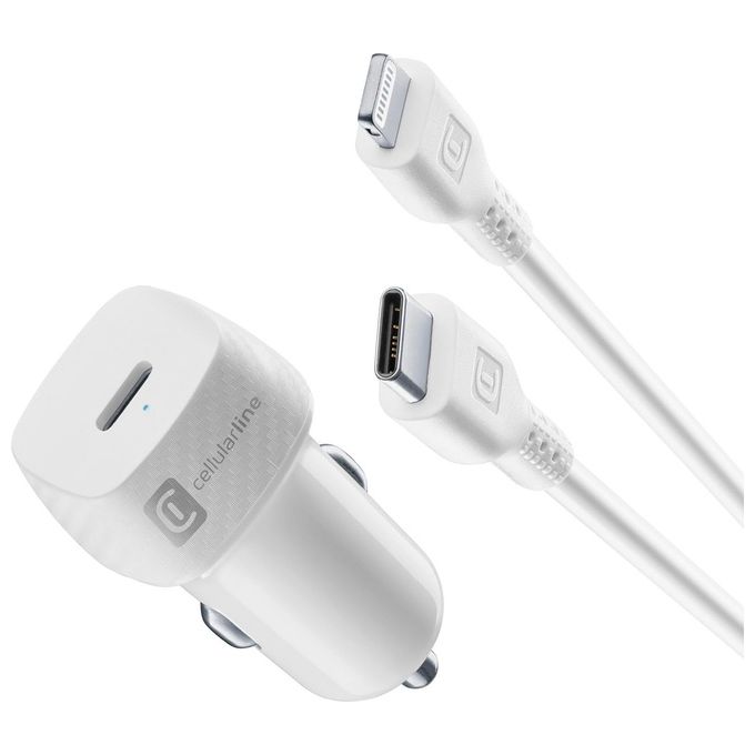 Cellular Line USB-C Car Charger Kit 20W Caricabatterie da auto per la carica alla massima velocita' di iPhone con cavo USB-C to Lightning