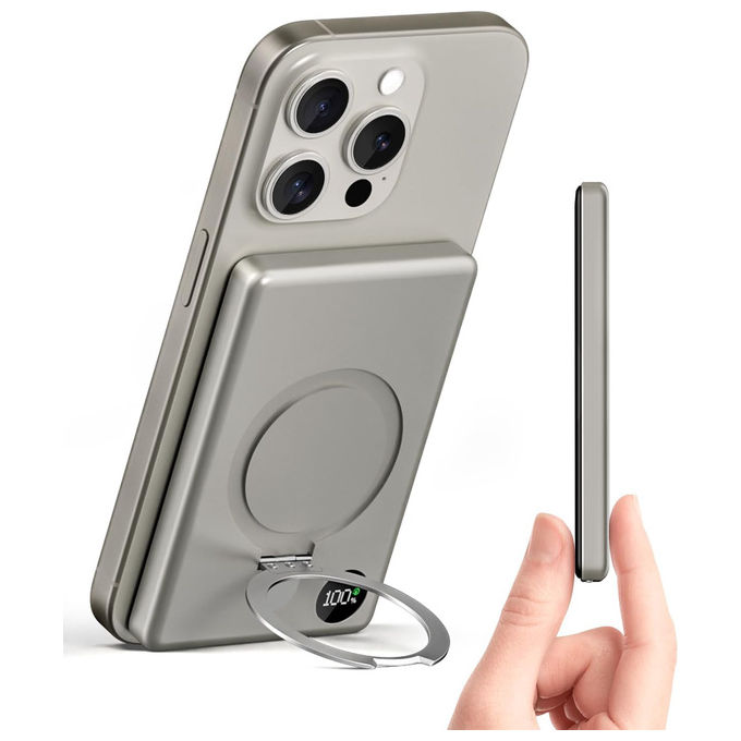 Celly MAGPB5000ALU Powerbank MagSafe Ultra Slim con Ricarica Wireless 15W e Display LED per iPhone