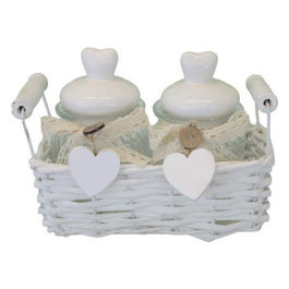 Cestino Bianco In Vimini Set/2 Barattoli In Vetro
