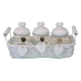 Cestino Bianco In Vimini Set/3 Barattoli In Vetro