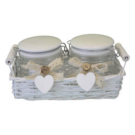 Cestino Bianco In Vimini Set/2 Barattoli In Vetro