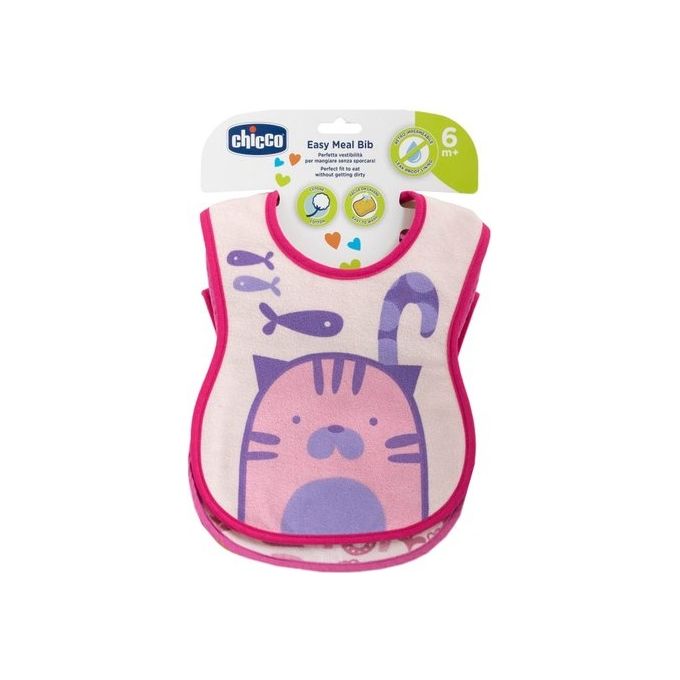 Chicco Easy Meal Bib Set Bavaglini Pappa Neonato 2 Pezzi Cotone Morbido Retro Impermeabile Lavabile in Lavatrice 6 Mesi+ colore Rosa
