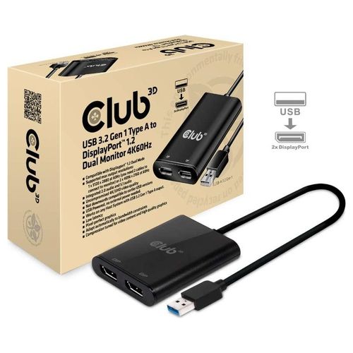 Club 3D Sense Vision Splitter Video USB3.1 a 2 Display Port 1.2 Dual Monitor 4K 60Hz Nero